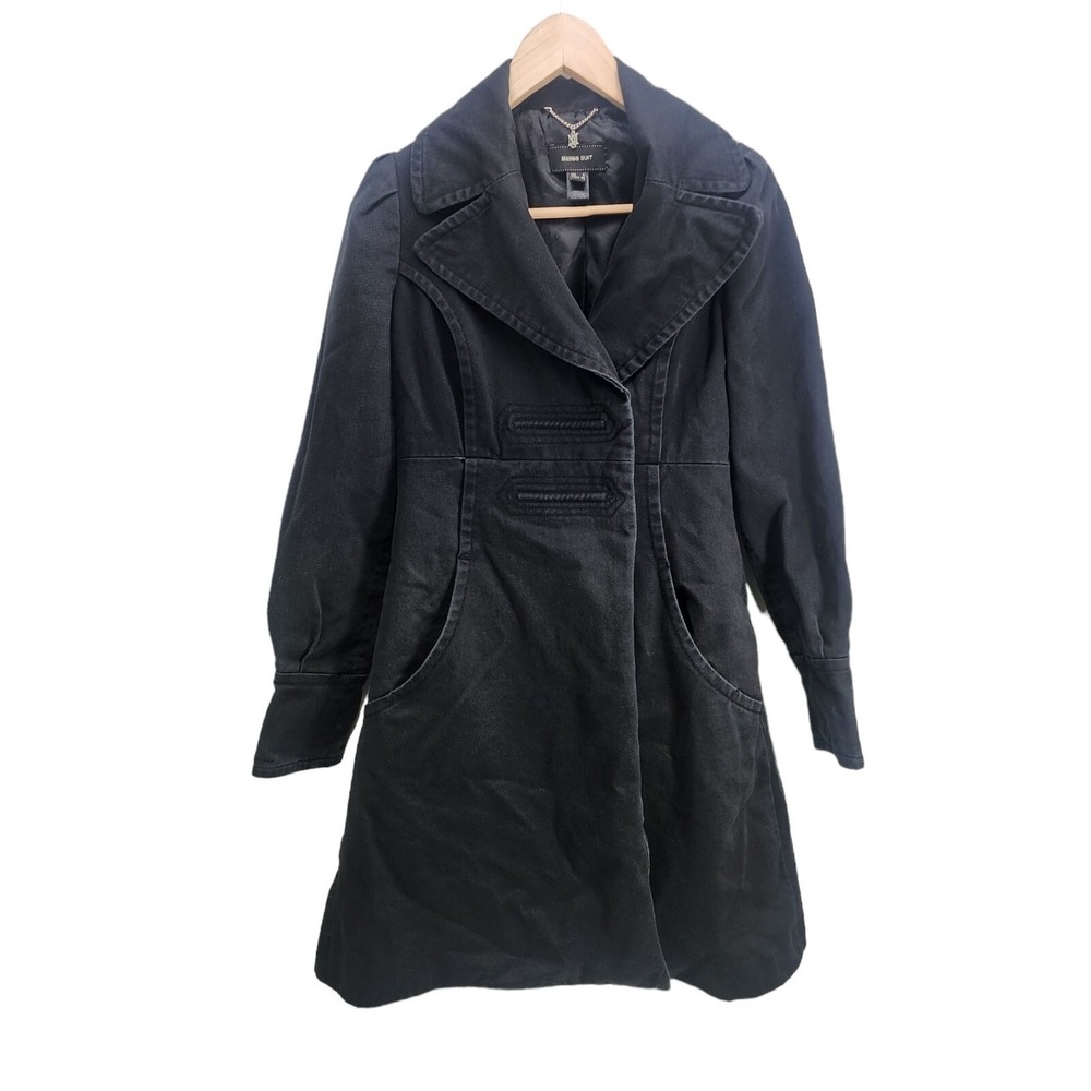 Mango Suit Trench Coat Women XS Black Cotton Twill Double Breasted Peacoat